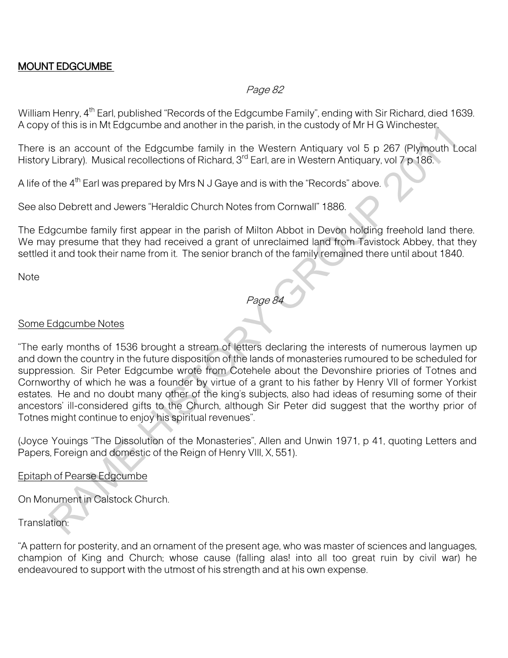 RAME HISTORY GROUP 2011 Account of Mount Edgcumbe (From Duprez‟ “Visitors Guide” Dated 1871)