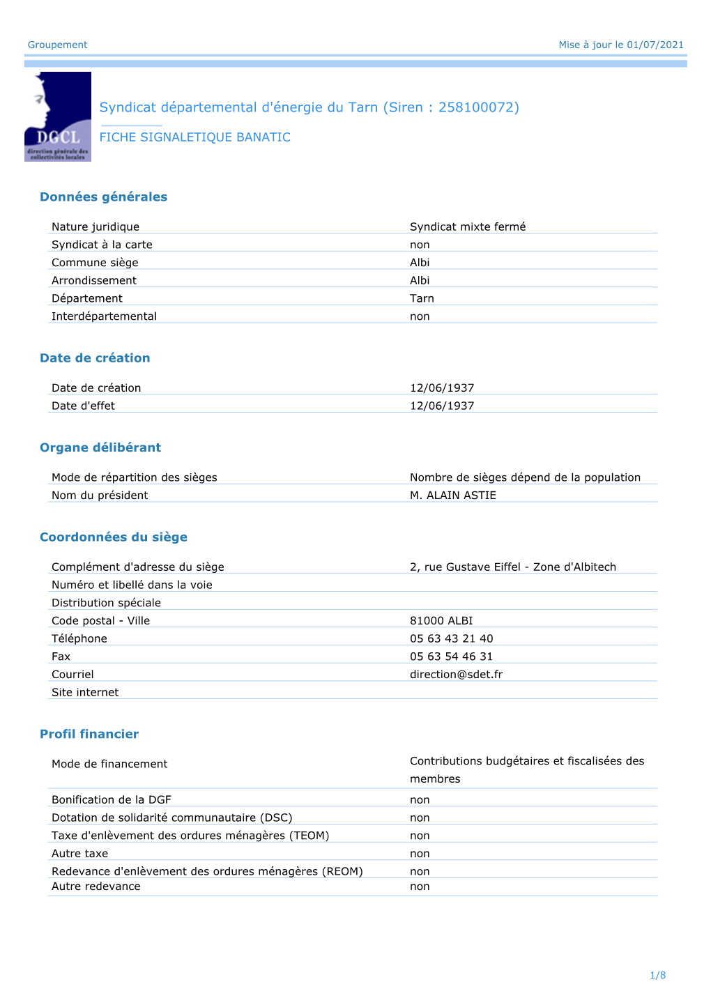 Syndicat Départemental D'énergie Du Tarn (Siren : 258100072)