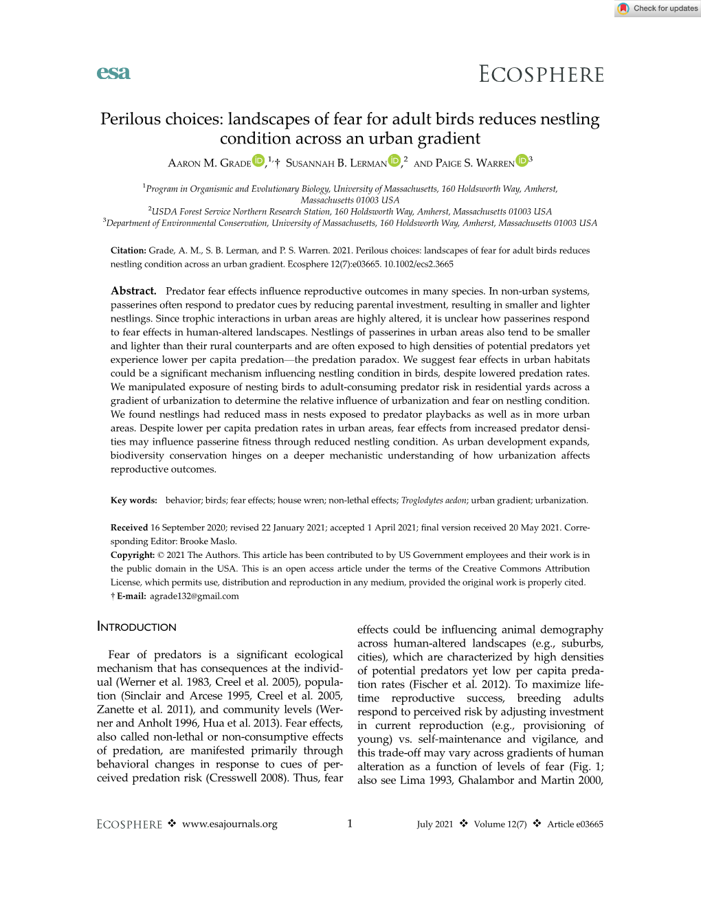 Landscapes of Fear for Adult Birds Reduces Nestling Condition Across an Urban Gradient 1, 2 3 AARON M