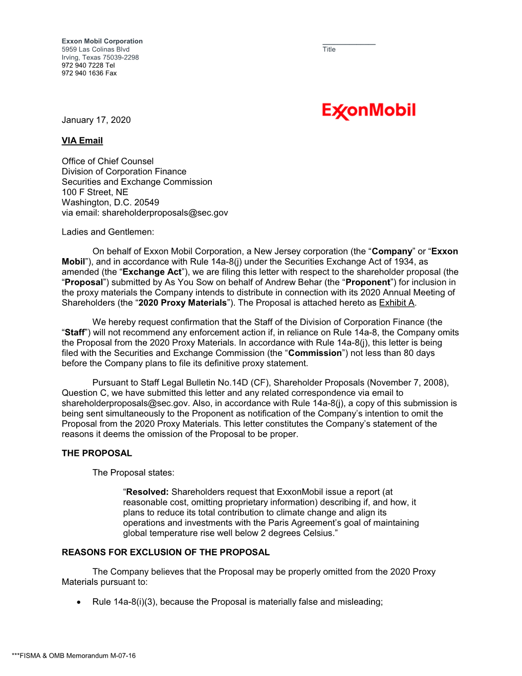 Exxon Mobil Corporation; Rule 14A-8 No-Action Letter