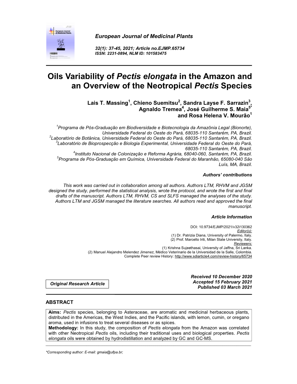 Oils Variability of Pectis Elongata in the Amazon and an Overview of the Neotropical Pectis Species