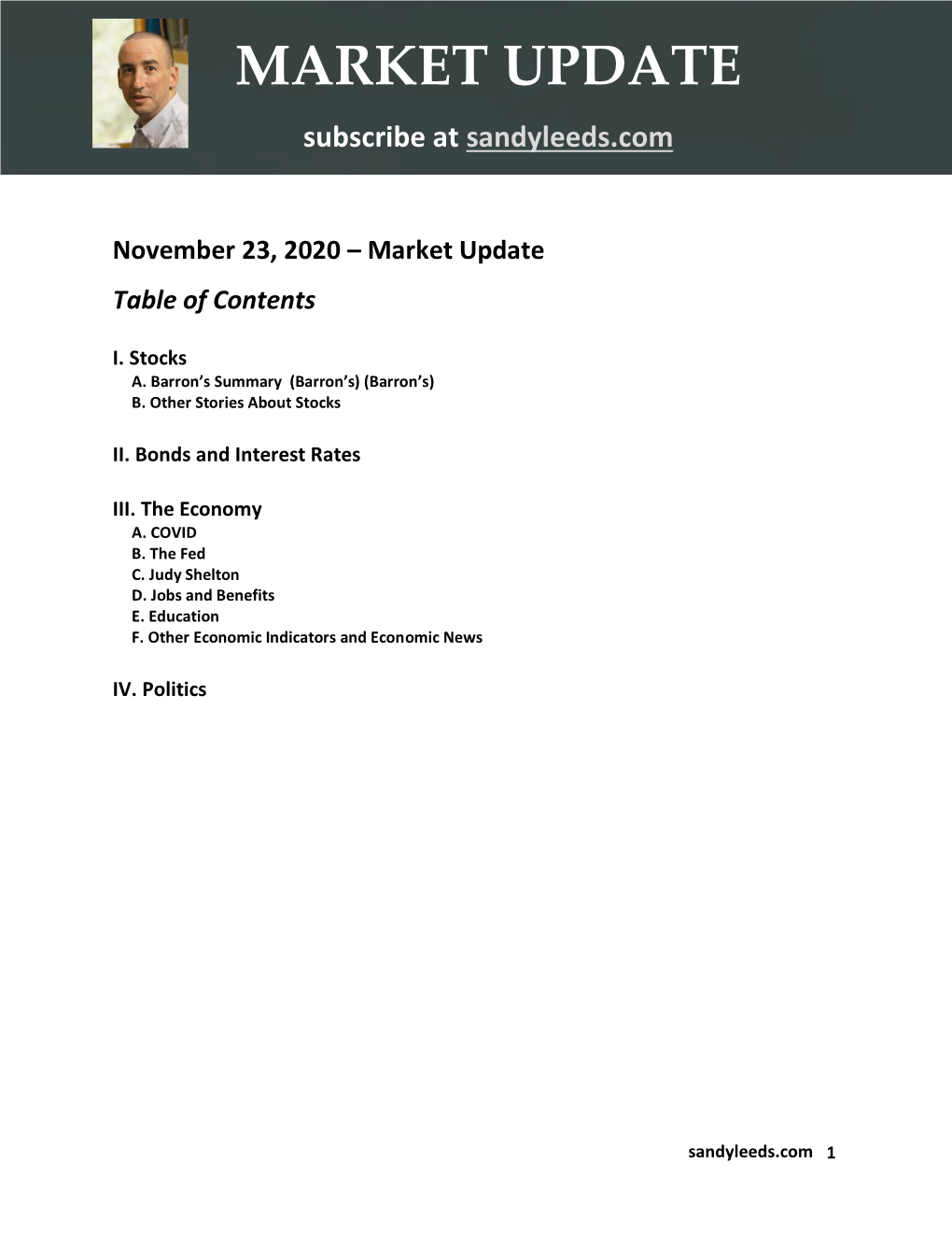 November 23, 2020 – Market Update Table of Contents