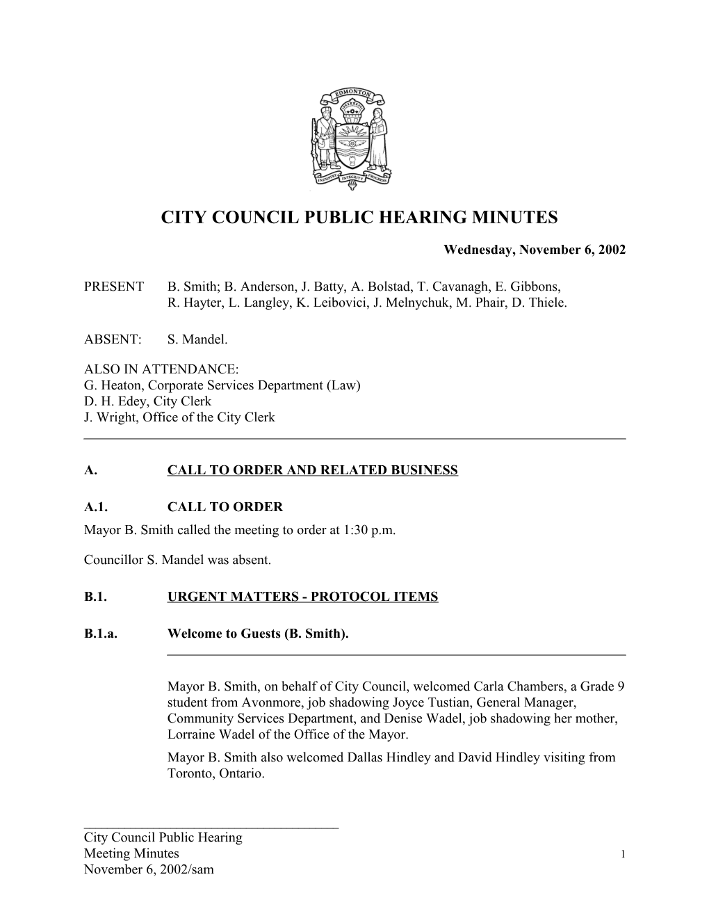 Minutes for City Council November 6, 2002 Meeting