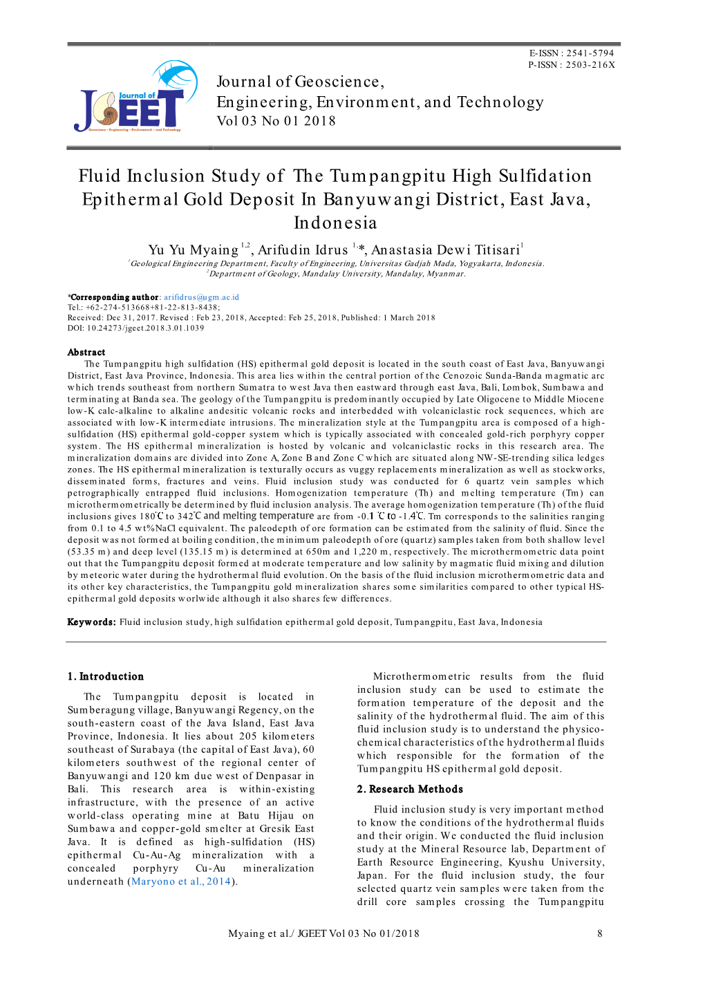Fluid Inclusion Study of the Tumpangpitu High Sulfidation