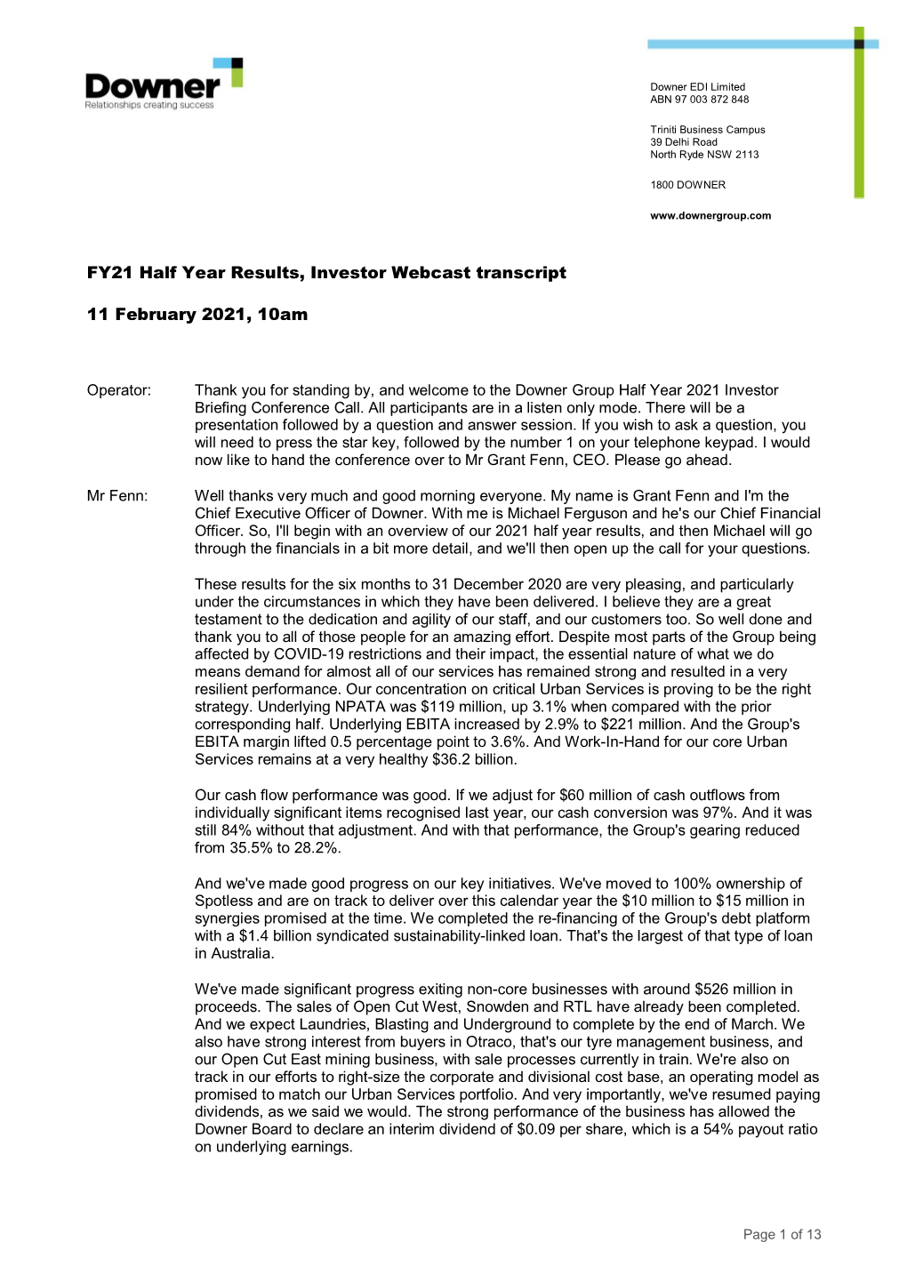 FY21 Half Year Results, Investor Webcast Transcript 11 February 2021, 10Am