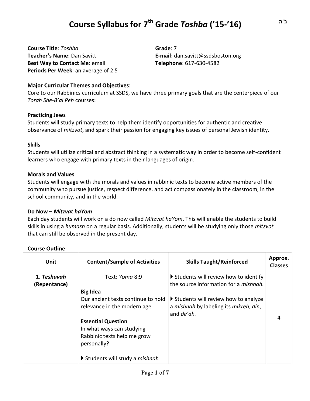 Course Syllabus for 7Th Grade Toshba (’15-’16