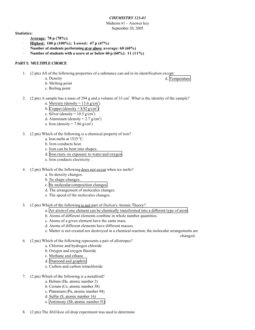 CHEMISTRY 123-01 Midterm #1 – Answer Key September 20, 2005