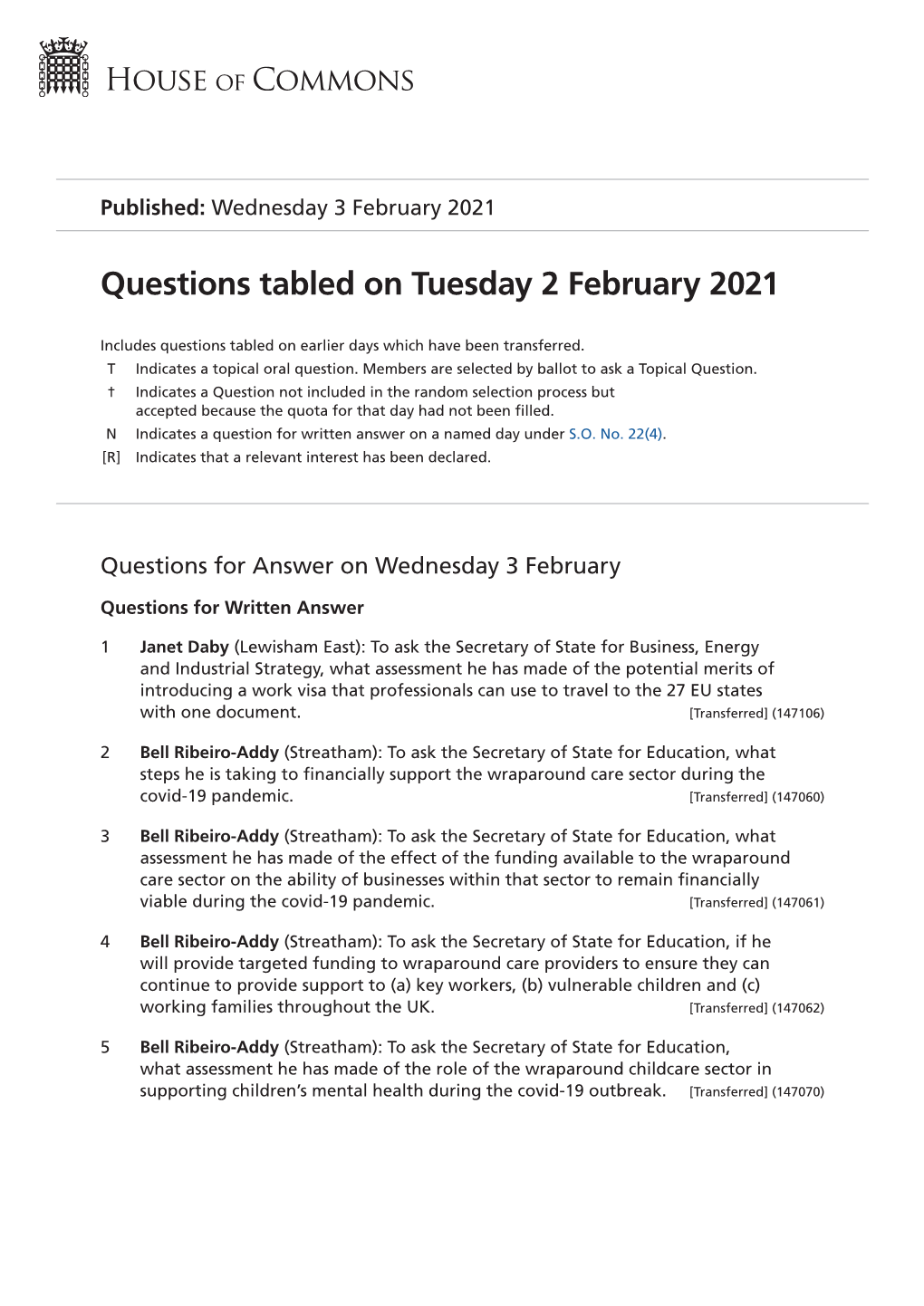 Questions Tabled on Tue 2 Feb 2021