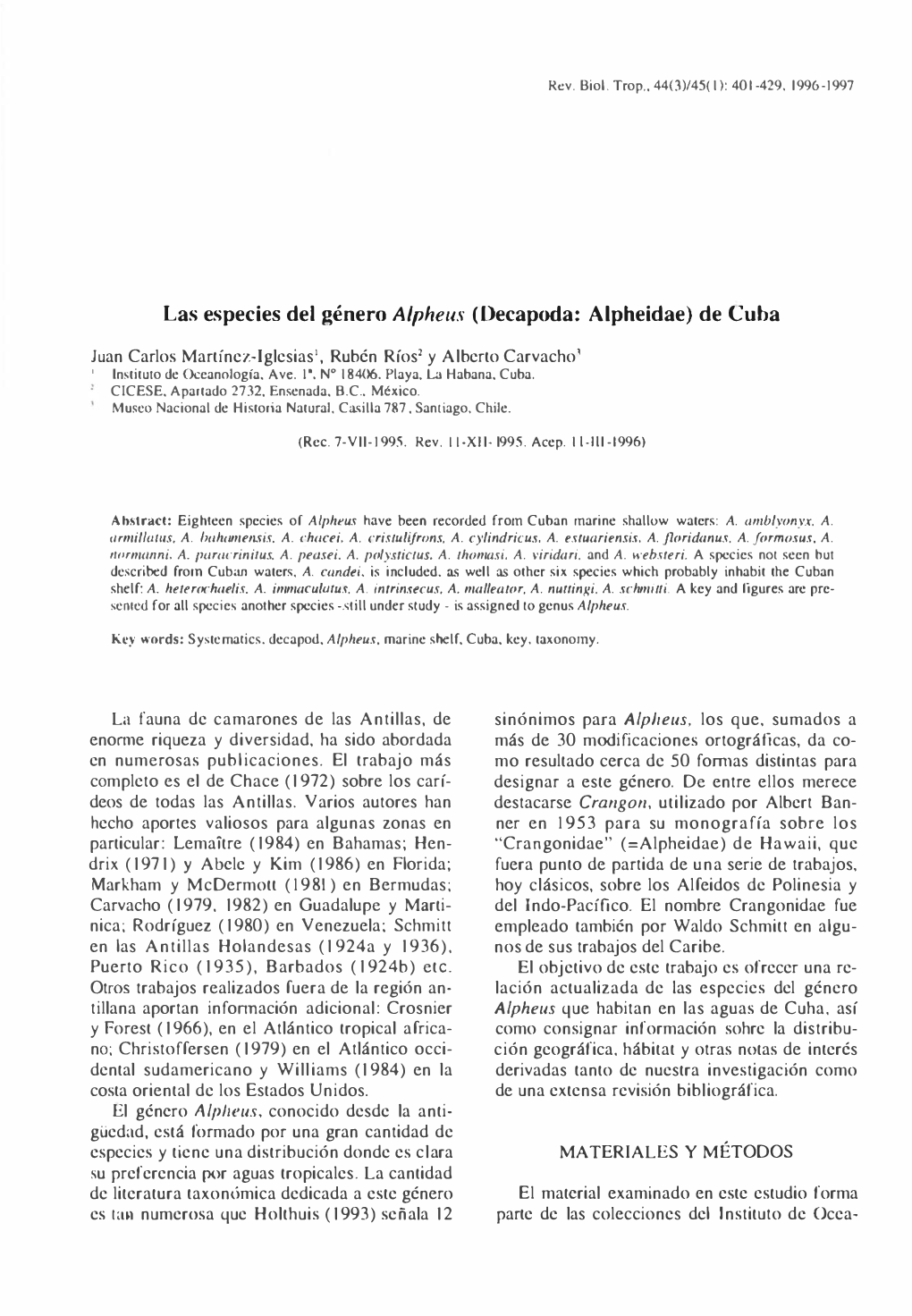Las Especies Del Género Alpheus (Decapoda: Alpheidae) De Cuba