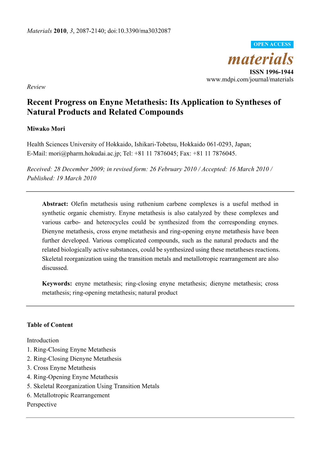 Recent Progress on Enyne Metathesis: Its Application to Syntheses of Natural Products and Related Compounds