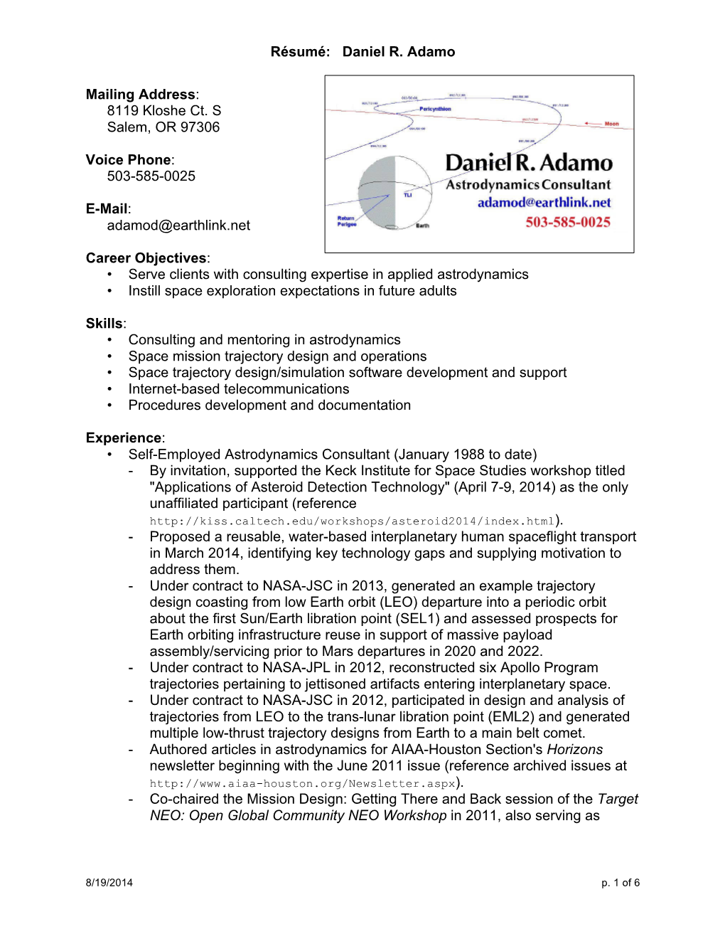 Résumé: Daniel R. Adamo Mailing Address