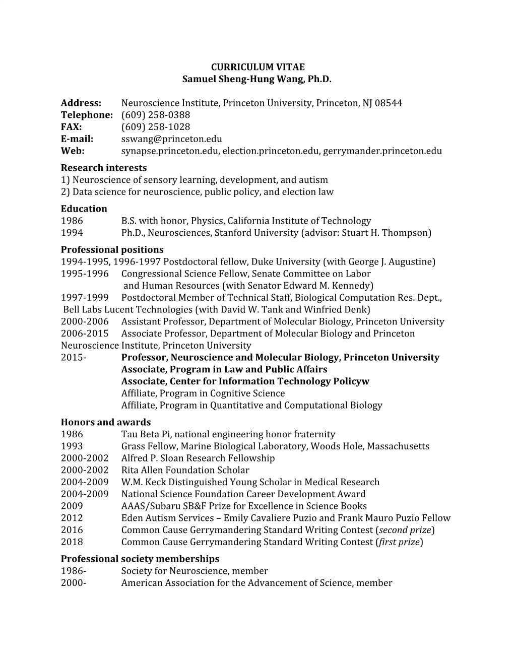 CURRICULUM VITAE Samuel Sheng-Hung Wang, Ph.D. Address