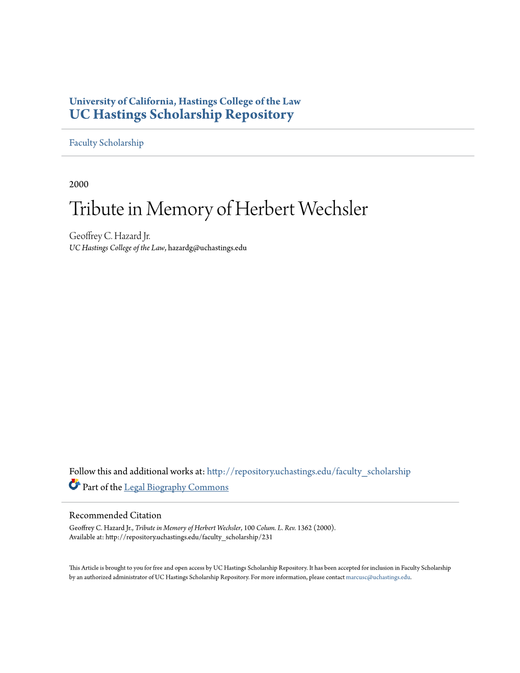 Tribute in Memory of Herbert Wechsler Geoffrey C