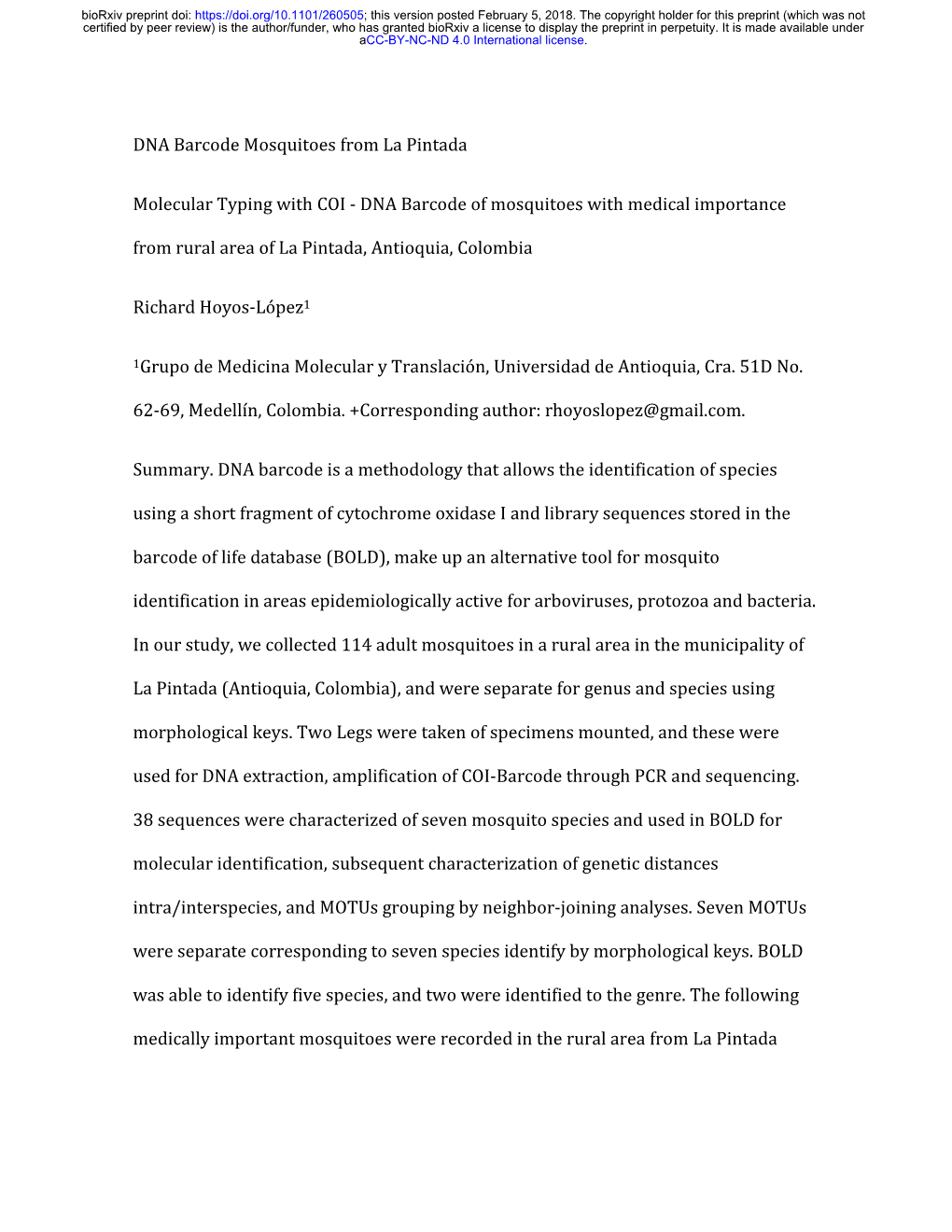 DNA Barcode Mosquitoes from La Pintada Molecular Typing With