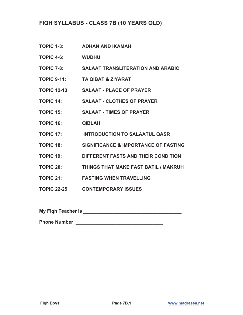 Fiqh Syllabus - Class 7B (10 Years Old)