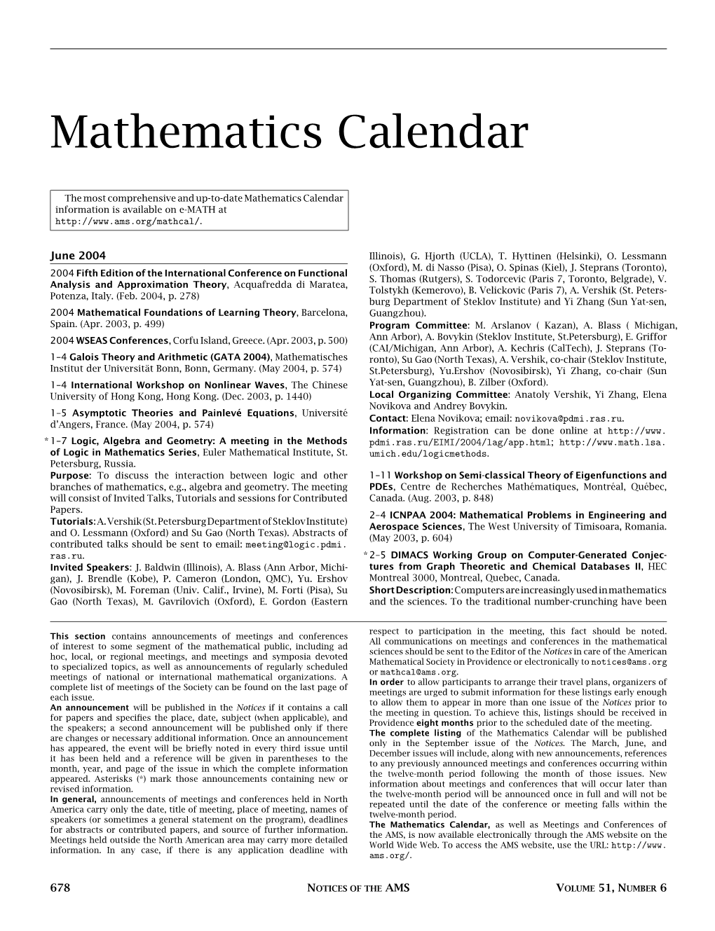 Mathematics Calendar, Volume 51, Number 6