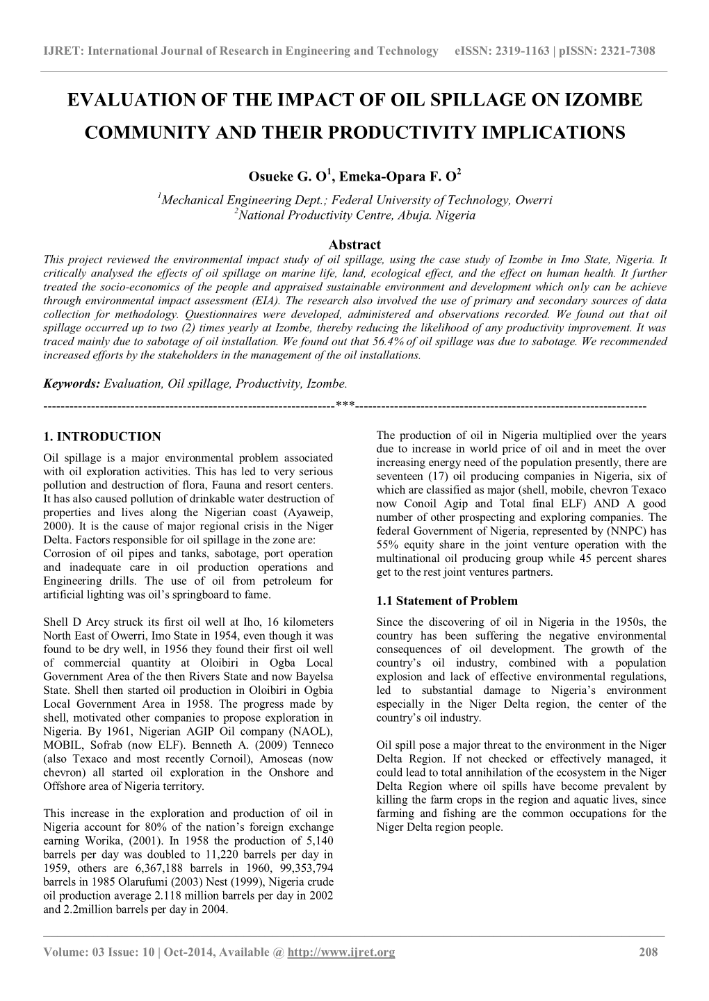 Evaluation of the Impact of Oil Spillage on Izombe Community and Their Productivity Implications