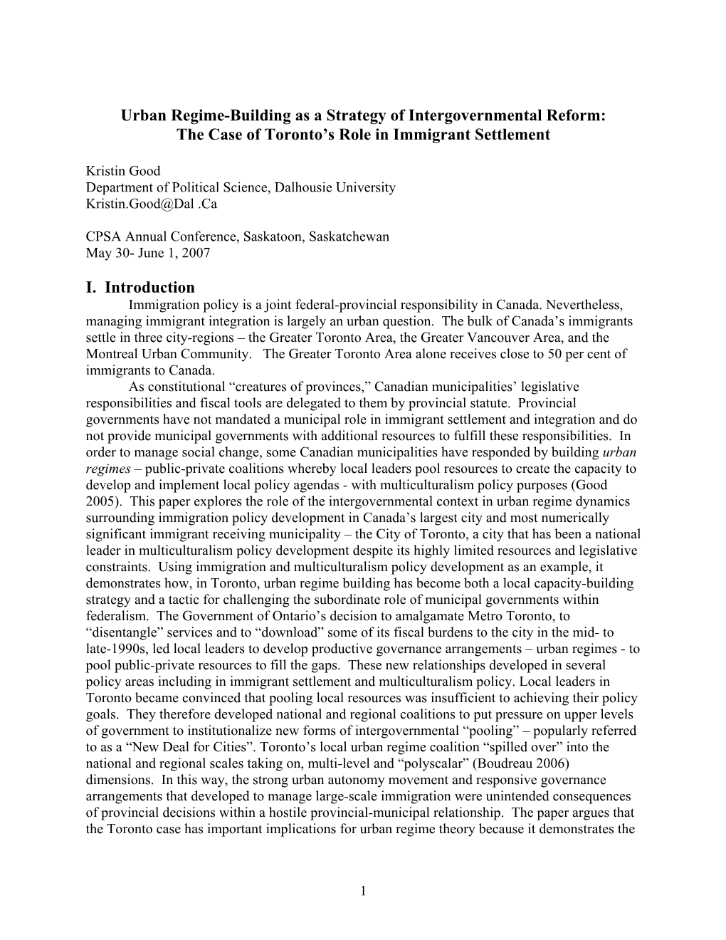 Urban Regime-Building As a Strategy of Intergovernmental Reform: the Case of Toronto’S Role in Immigrant Settlement