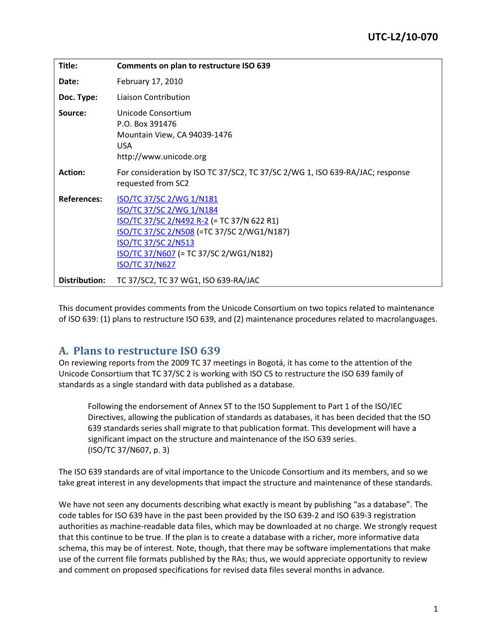 UTC-L2/10-070 A. Plans to Restructure ISO