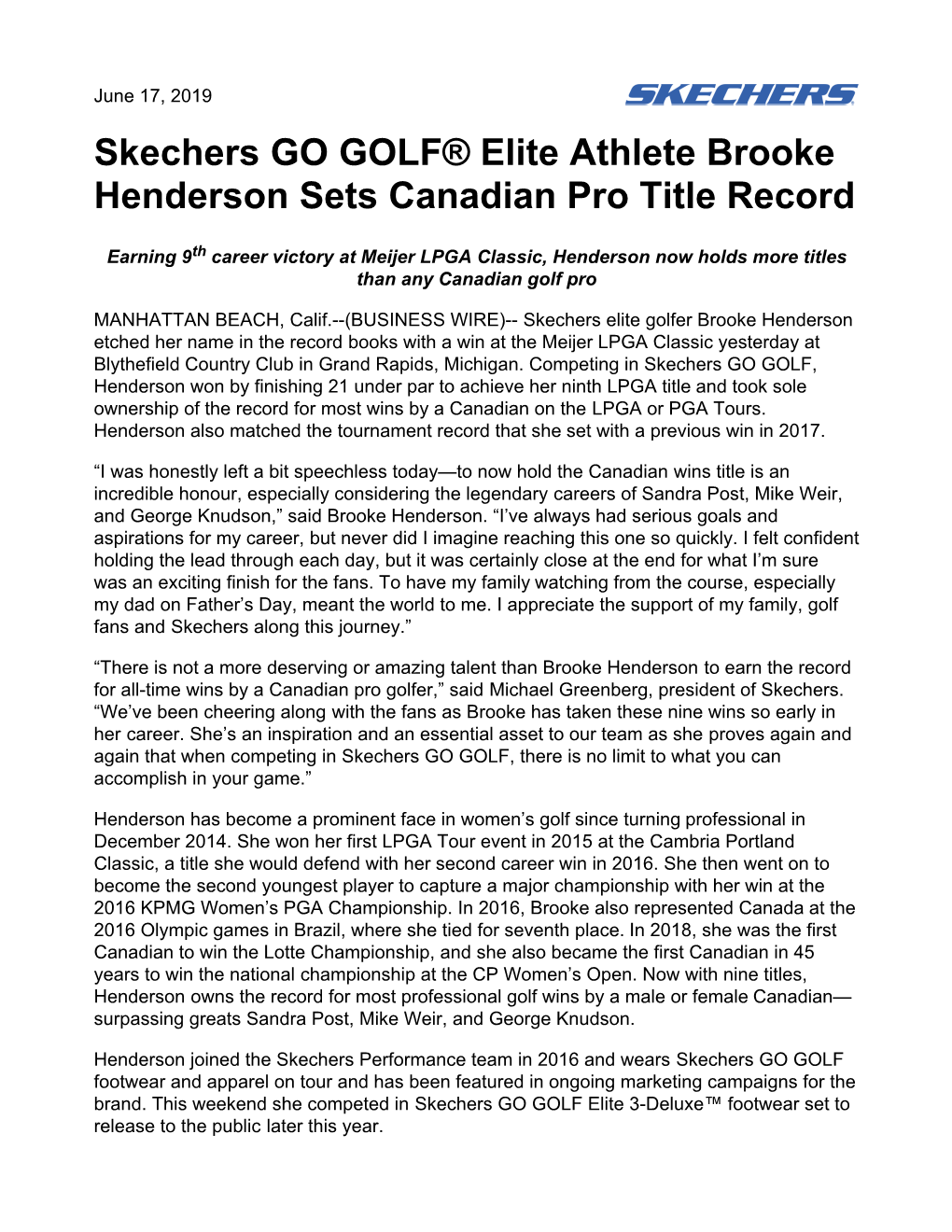 Skechers GO GOLF® Elite Athlete Brooke Henderson Sets Canadian Pro Title Record