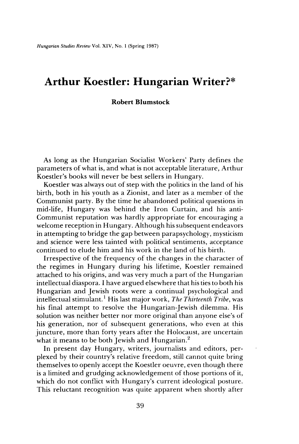 Arthur Koestler: Hungarian Writer?*