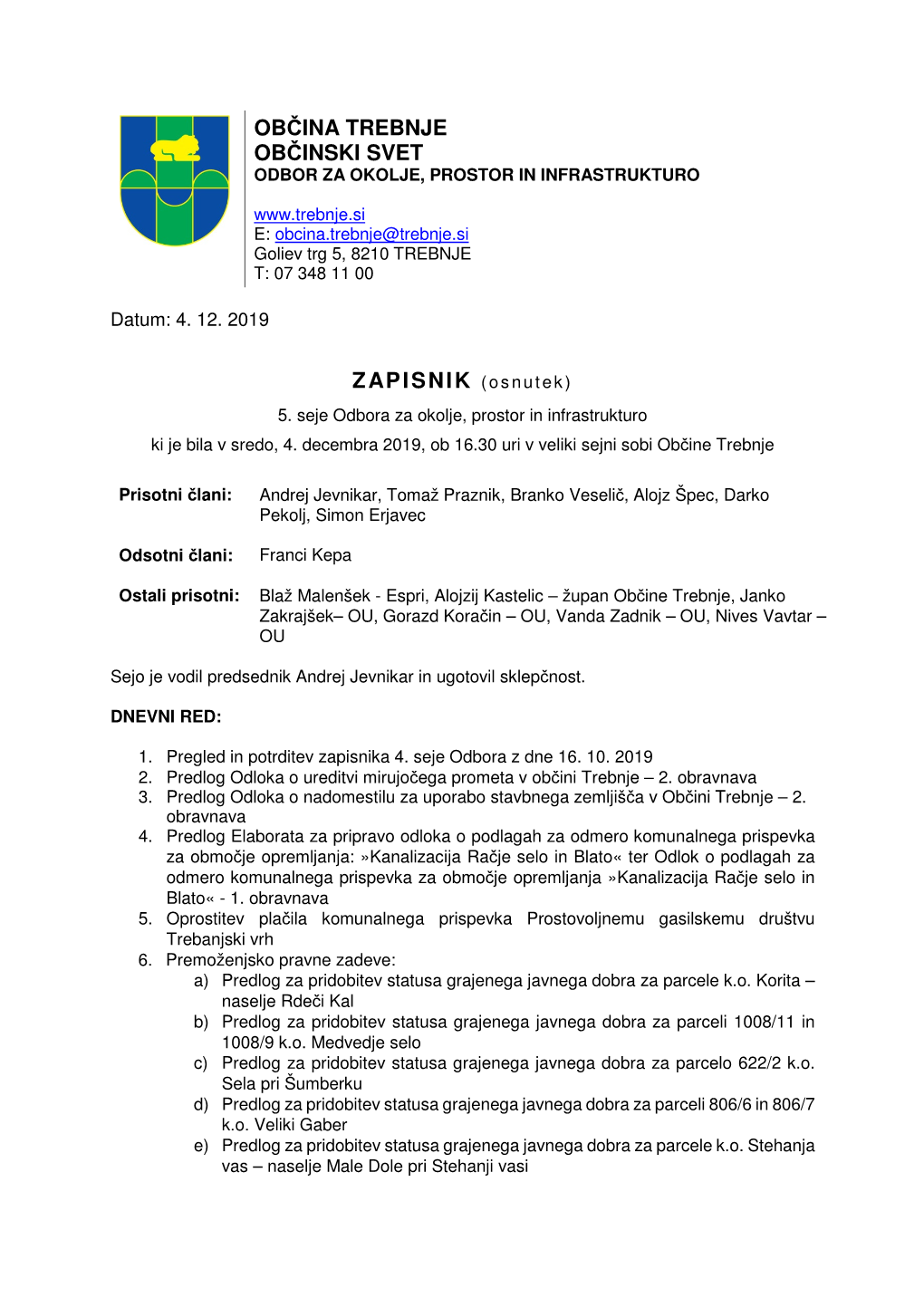 Pdf ZAPISNIK 5 Seje Odbora Za Okolje Prostor in Infrastrukturo 4 12 19.Pdf