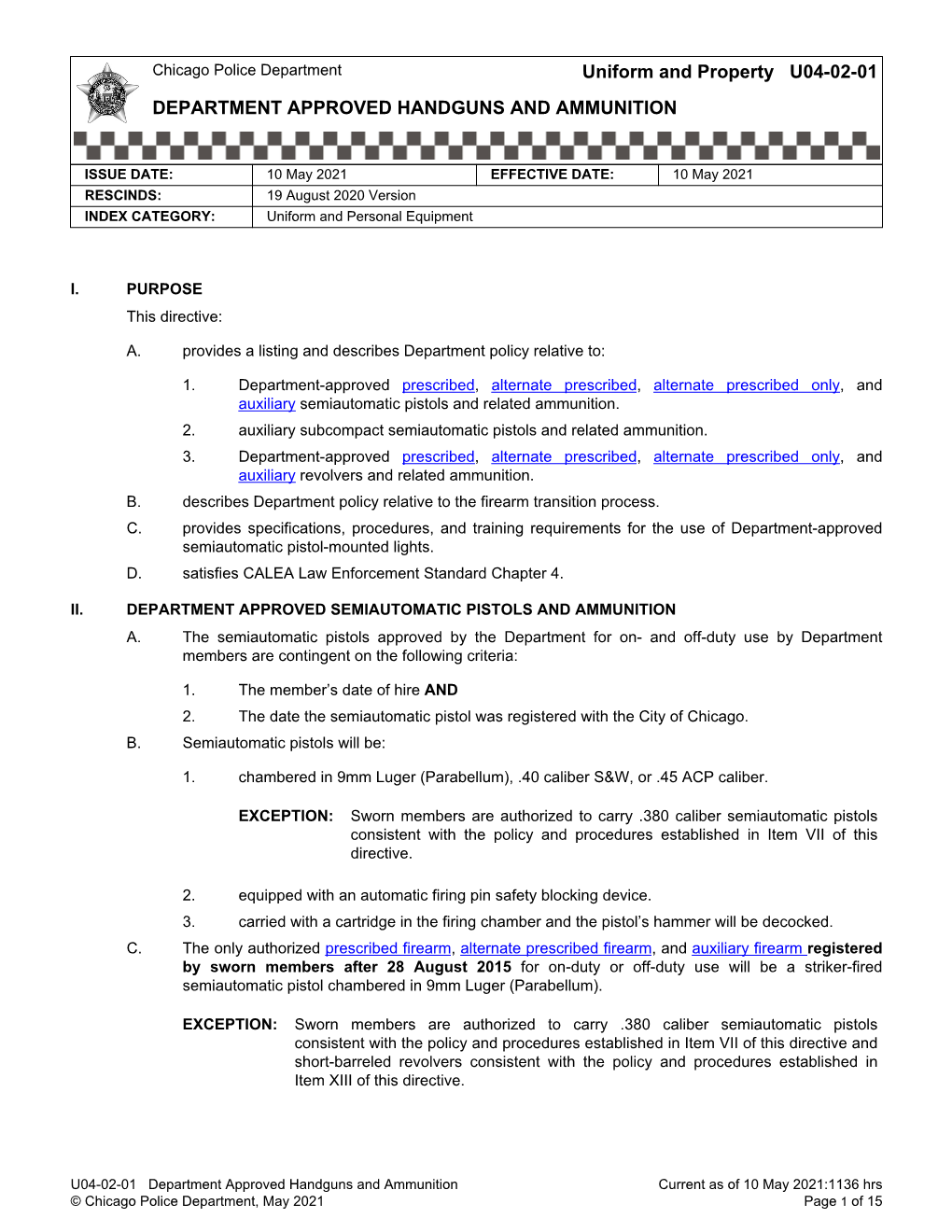 Uniform and Property U04-02-01 DEPARTMENT APPROVED HANDGUNS and AMMUNITION