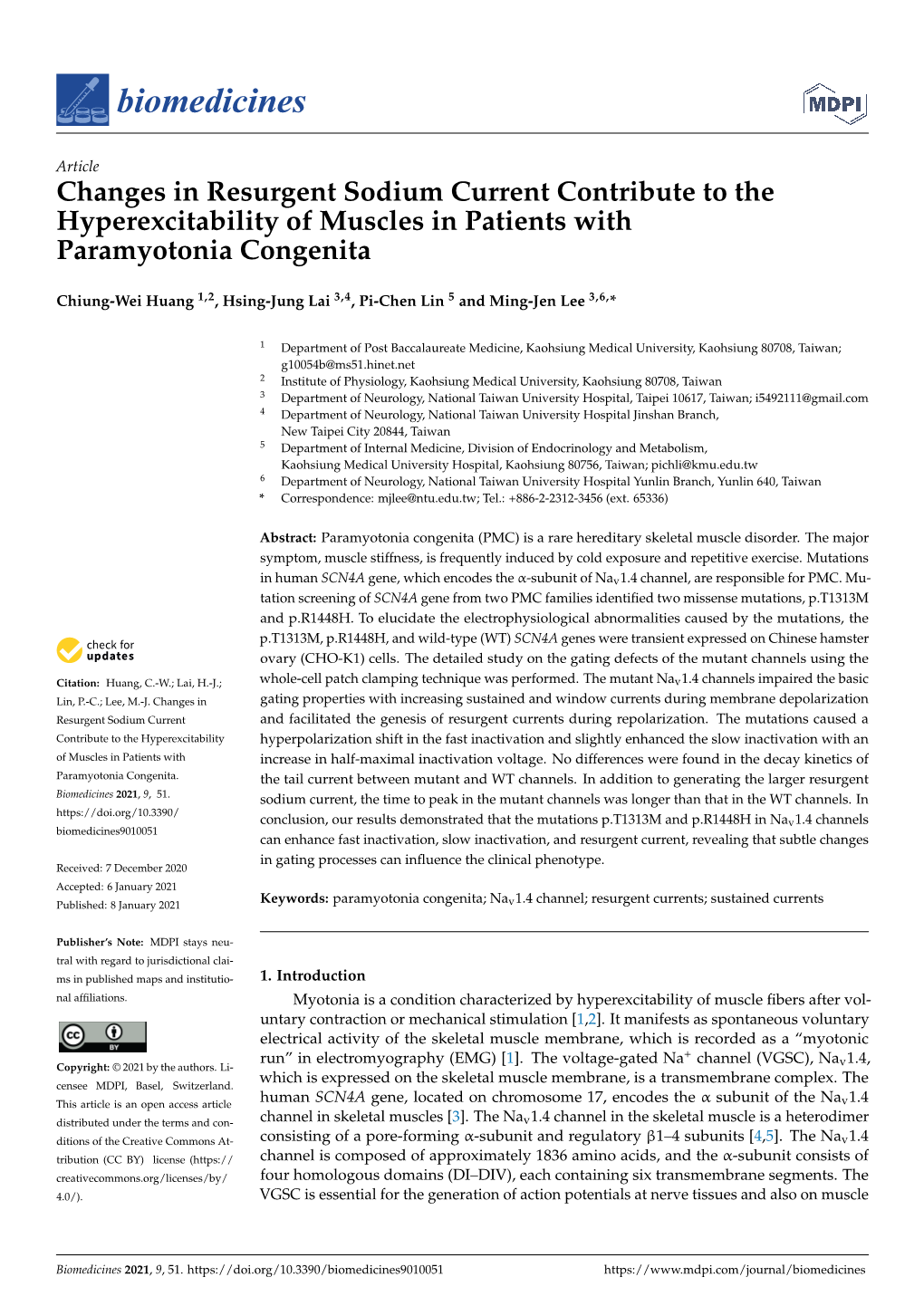 Changes in Resurgent Sodium Current Contribute to the Hyperexcitability of Muscles in Patients with Paramyotonia Congenita
