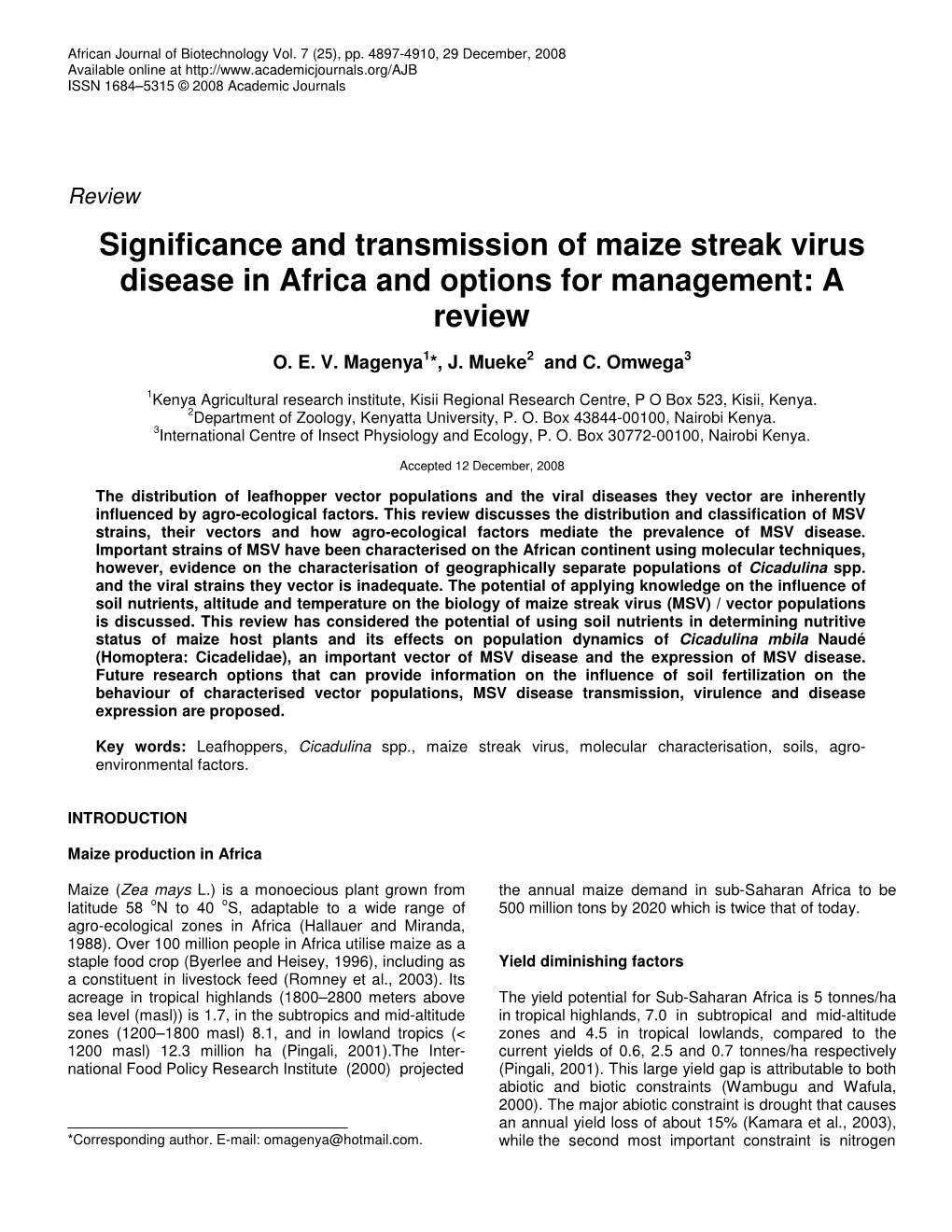 Significance and Transmission of Maize Streak Virus Disease in Africa and Options for Management: a Review
