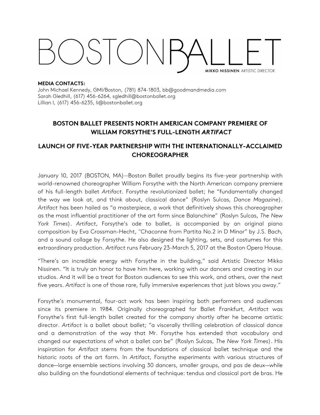 Boston Ballet Presents North American Company Premiere of William Forsythe’S Full-Length Artifact