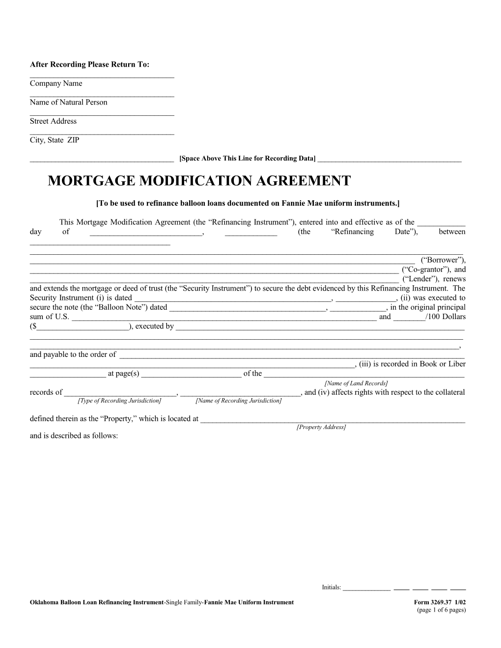 Oklahoma Balloon Loan Refinancing Instrument (Form 3269.37): Word