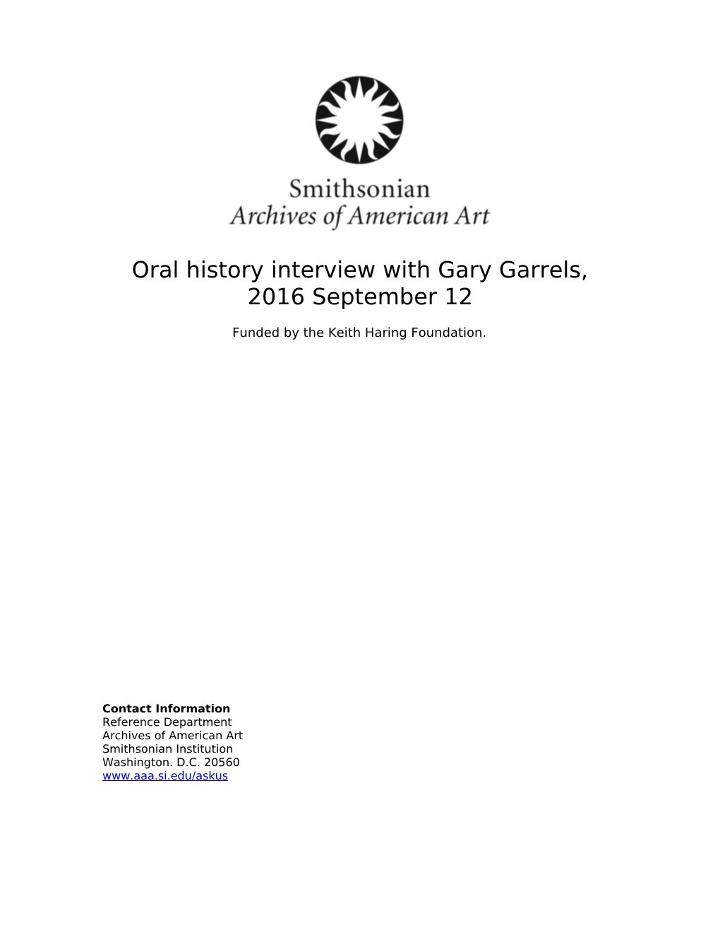 Oral History Interview with Gary Garrels, 2016 September 12