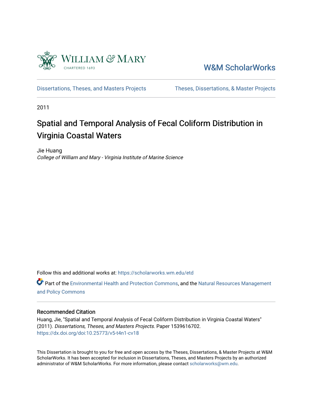 Spatial and Temporal Analysis of Fecal Coliform Distribution in Virginia Coastal Waters