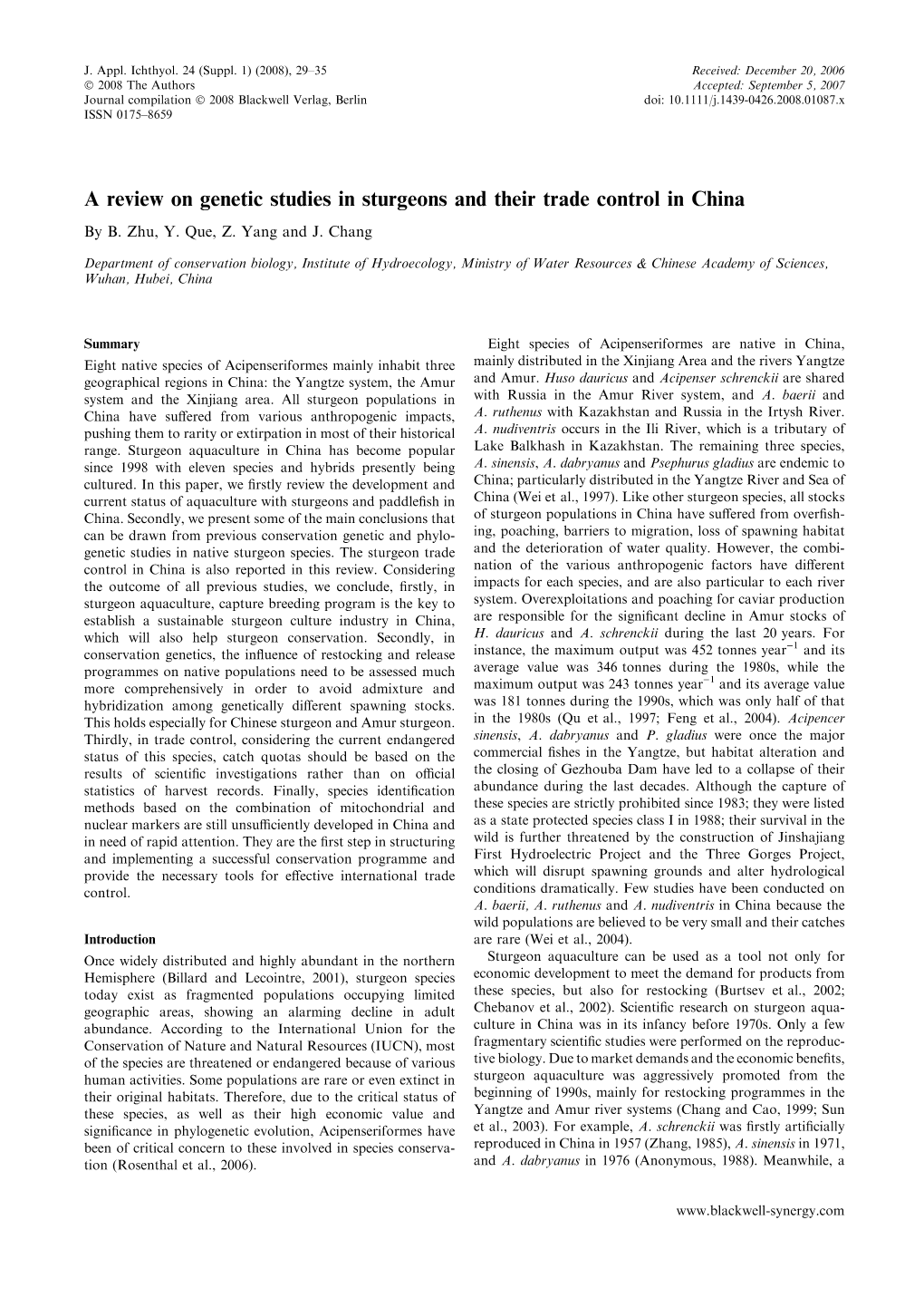 A Review on Genetic Studies in Sturgeons and Their Trade Control in China by B