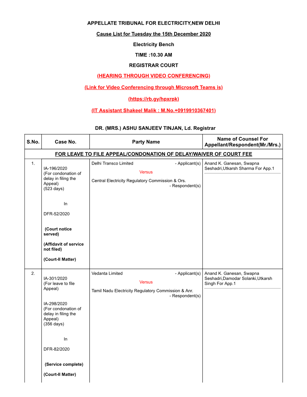 APPELLATE TRIBUNAL for ELECTRICITY,NEW DELHI Cause