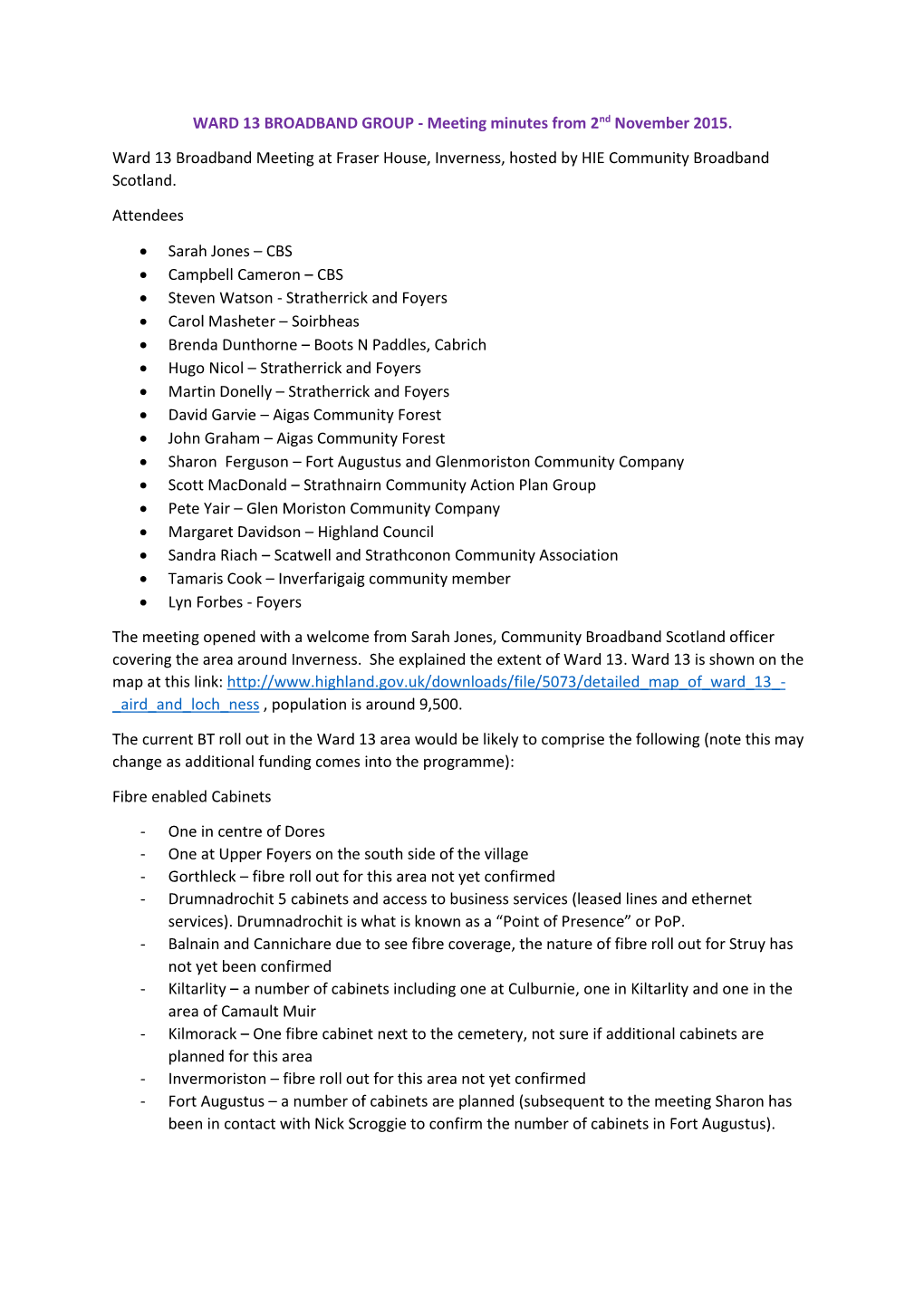 WARD 13 BROADBAND GROUP - Meeting Minutes from 2Nd November 2015