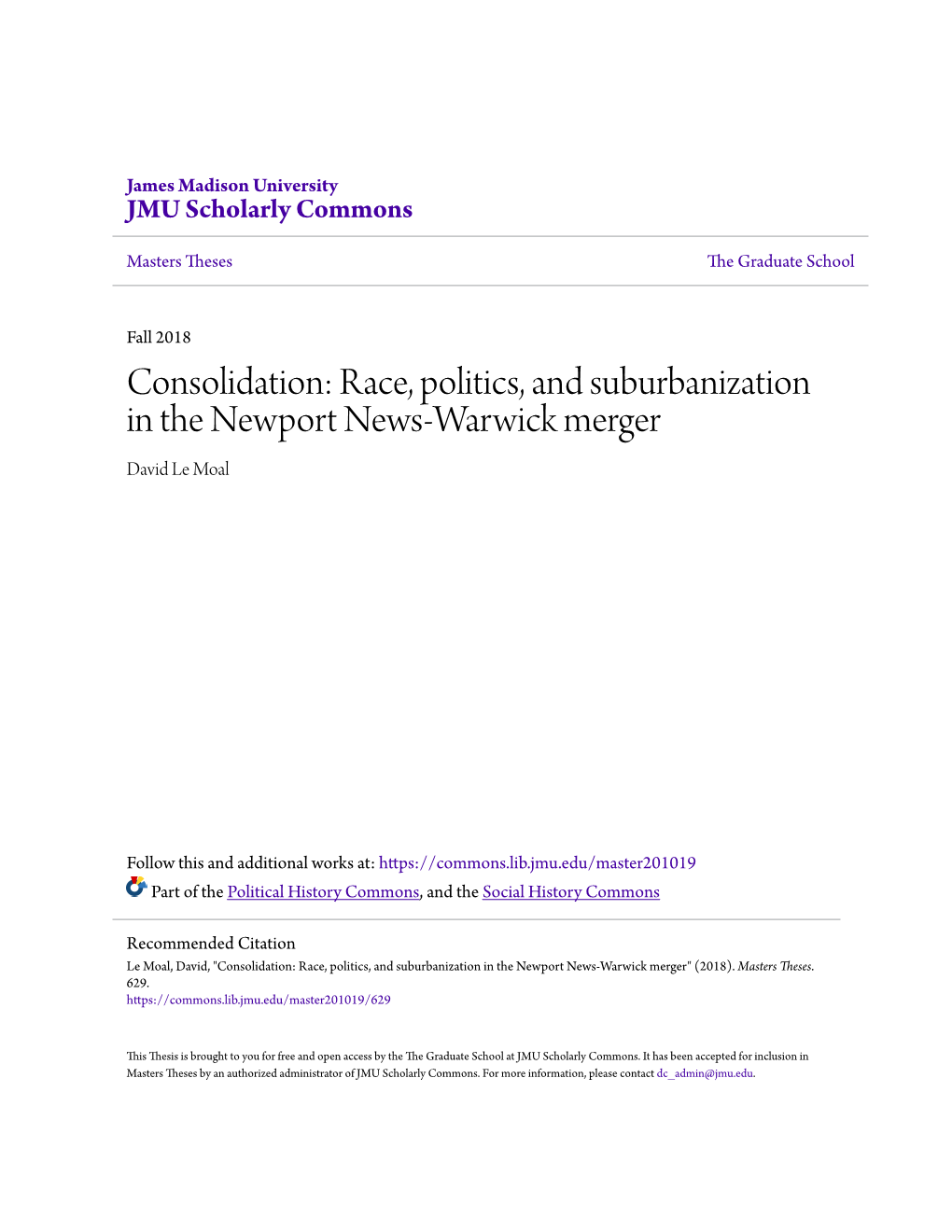 Race, Politics, and Suburbanization in the Newport News-Warwick Merger David Le Moal