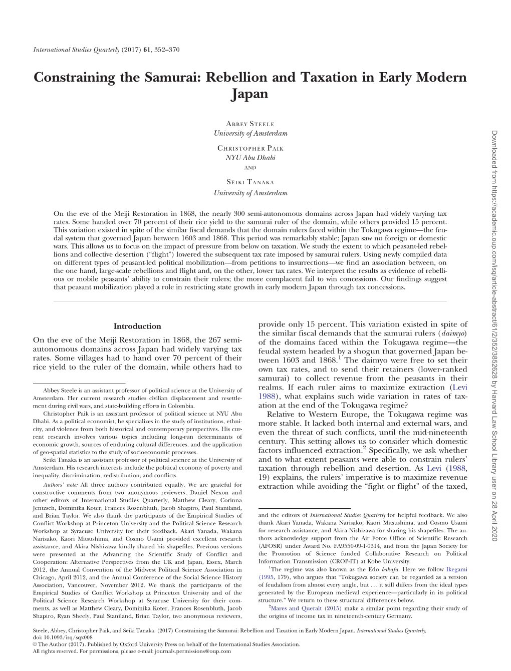 Constraining the Samurai: Rebellion and Taxation in Early Modern Japan