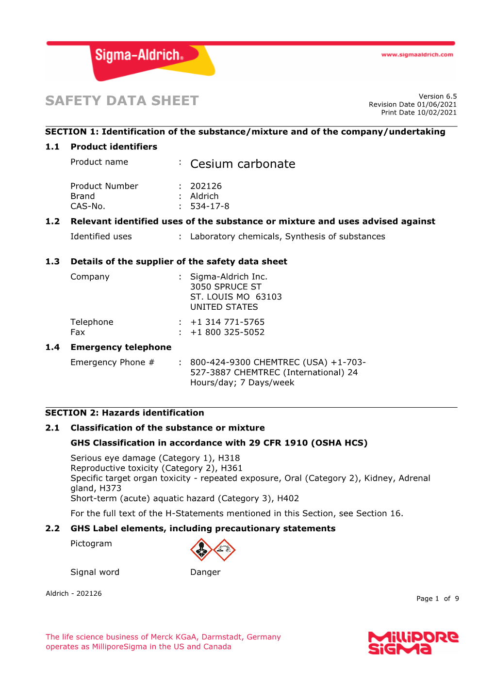 SAFETY DATA SHEET Revision Date 01/06/2021 Print Date 10/02/2021