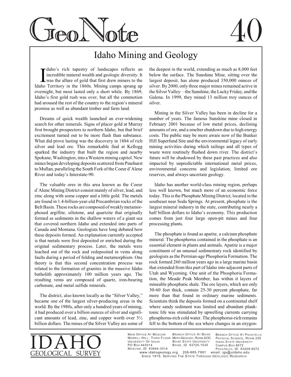 Idaho Mining and Geology