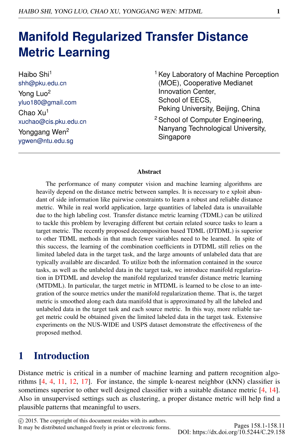 Manifold Regularized Transfer Distance Metric Learning