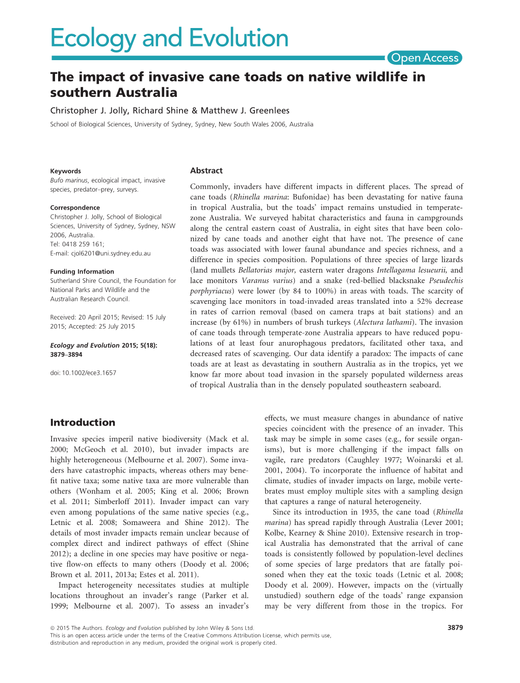 The Impact of Invasive Cane Toads on Native Wildlife in Southern Australia Christopher J