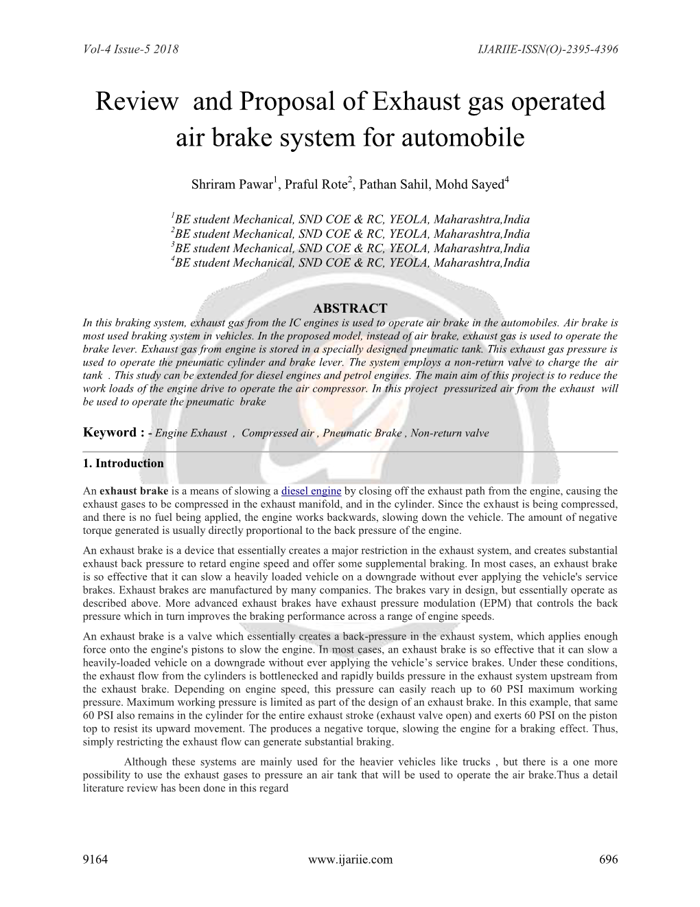 Review and Proposal of Exhaust Gas Operated Air Brake System for Automobile