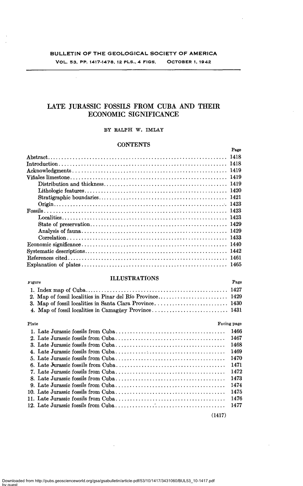 LATE JURASSIC FOSSILS from CUBA and THEIR ECONOMIC SIGNIFICANCE CONTENTS Abstract