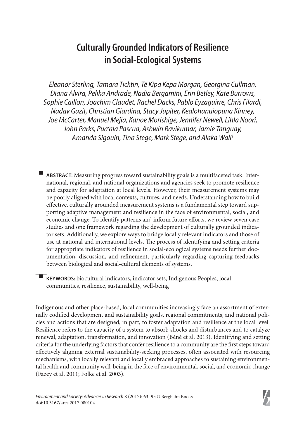 Culturally Grounded Indicators of Resilience in Social-Ecological Systems