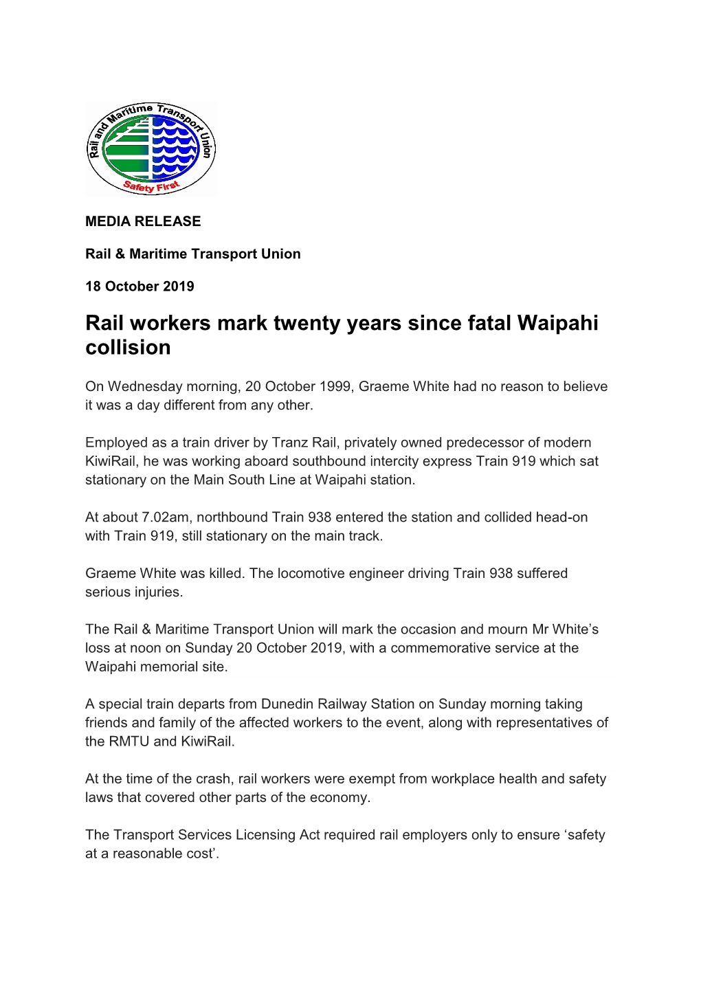 Rail Workers Mark Twenty Years Since Fatal Waipahi Collision