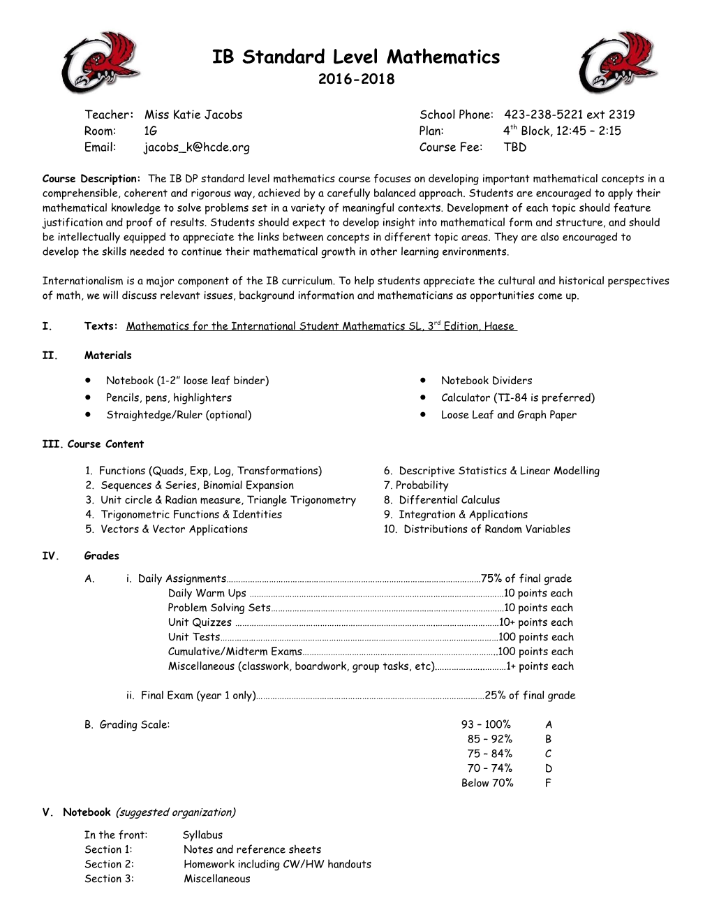 Teacher: Miss Katie Jacobs School Phone: 423-238-5221 Ext 2319