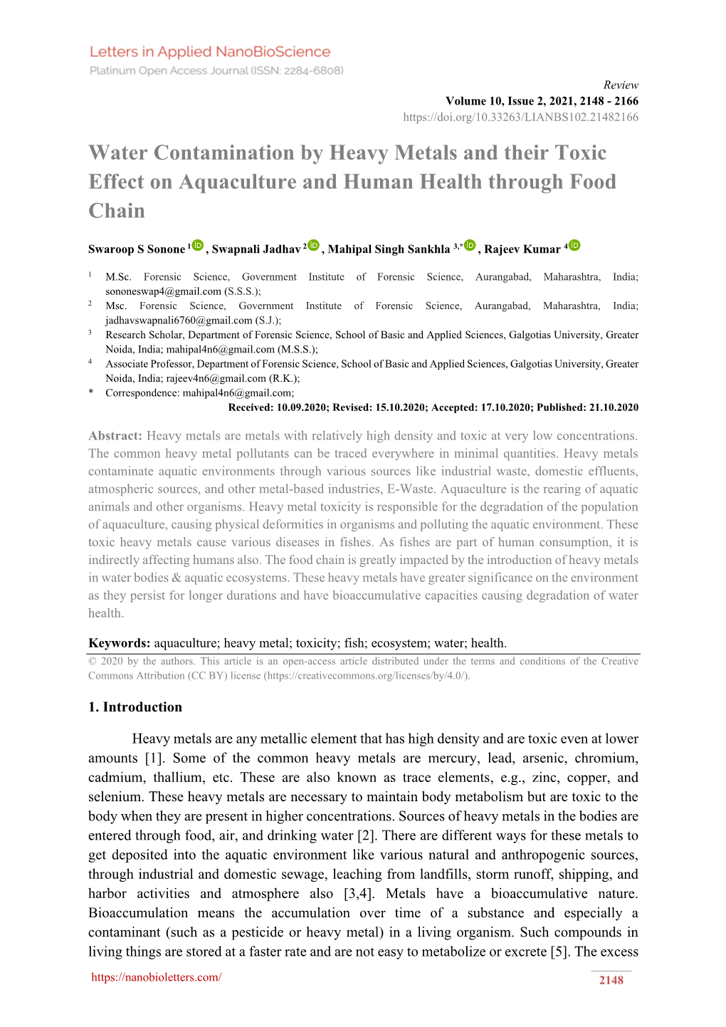 Water Contamination by Heavy Metals and Their Toxic Effect on Aquaculture and Human Health Through Food Chain