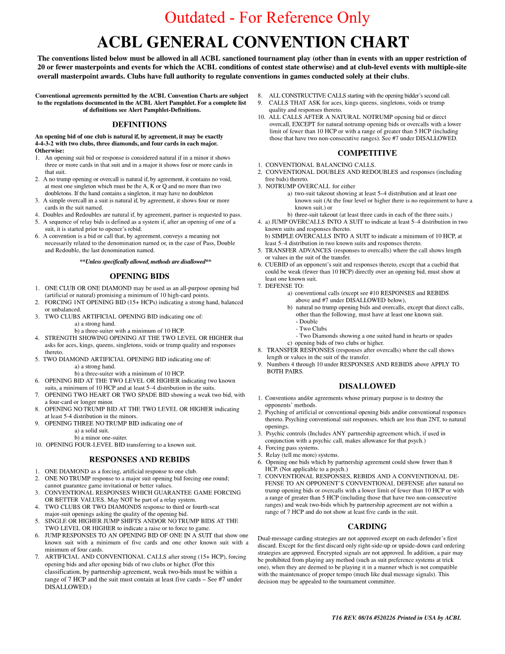 ACBL GENERAL CONVENTION CHART Outdated