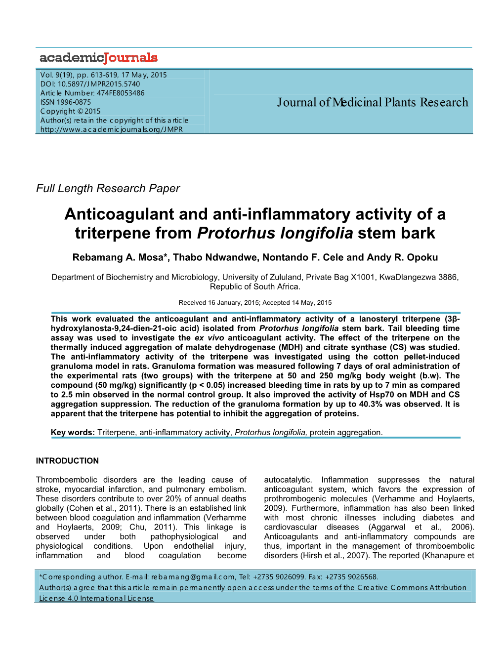 Anticoagulant and Anti-Inflammatory Activity of a Triterpene from Protorhus Longifolia Stem Bark